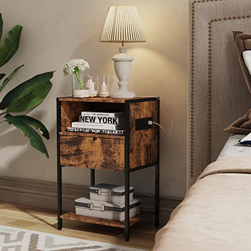 LDTTCUK Nightstand with Charging Station, Modern End Table with Drawer, Bedside Table with Open Storage for Bedroom,Rustic Brown LDTTCUK