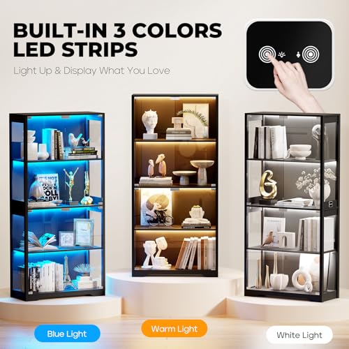 BROTTAR Display Cabinet with Glass Doors, 4-Tier Curio Cabinet&Bookcase with 3 Color Light for Collectibles, Toys, Books, Glass Storage Cabinet, Black BROTTAR