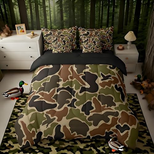 Feelyou Duck Hunter Green Camouflage Hunting 7 Pieces Bedding Set, Twin Size Black Brown All Season,Bed in a Bag with Comforter, Sheets, Pillowcases Camo Army Bed Set Breathable Wild Room Decor Feelyou