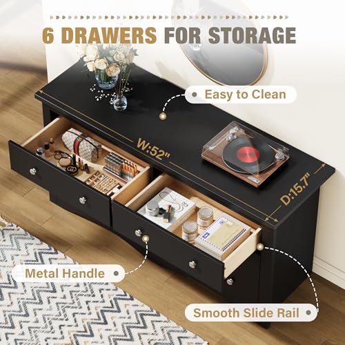YESHOMY Dresser for Bedroom with 6 Drawers, Modern Chest of Drawers, Wooden Dressers, TV Stand for Living Room,Closet, Hallway (Black)