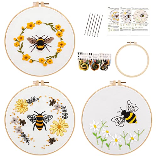 Lukinbox Embroidery Kit for Beginners Adults, 3 Sets Cross Stitch Starter Kits Include 3 Stamped Embroidery Clothes with Floral and Bee Pattern, 1 Embroidery Hoop, Threads, Needles and Instructions