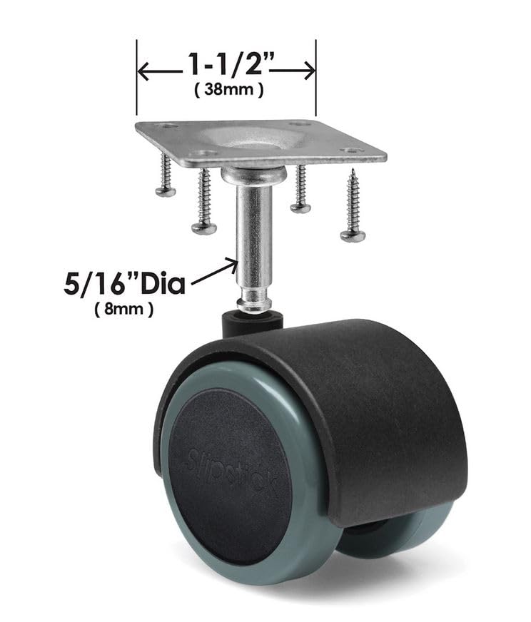 Slipstick CB681 2 Inch Floor Protector Rubber Caster Wheels (Set of 4) 5/16 Inch Stem or Top Plate Mounting Options - Black/Gray Green Slipstick