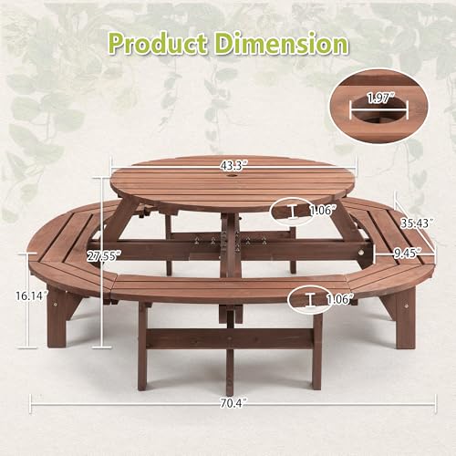 RocVanc 8-12 Person Outdoor Round Wooden Picnic Table with 8 Built-in Benches, Umbrella Hole, Lifetime Outside Table and Bench Set for Garden, Backyard, Porch, Patio and Deck RocVanc