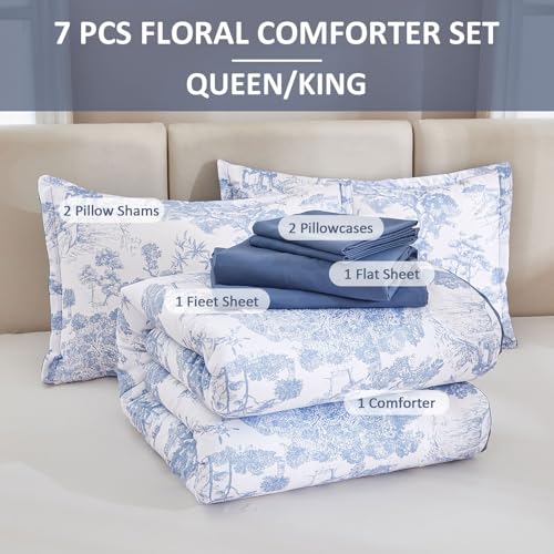 DJY Blue Comforter Set King, 7 Pieces Bed in a Bag King Size Botanical Comforters with Sheets Elegant Plants Print Soft Microfiber Reversible Complete Bedding Sets for All Season DJY