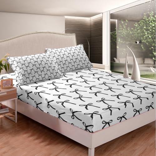 Cartoon Bowknot Kids Sheet King Size,Bow Tie Geometric Patchwork Modern Bedding Set,Girls Women Room Decor,Bow Butterfly Knot Black White Simple Bed Sheet Set 4pcs(Fitted + Flat + 2 Pillowcases) Manfei
