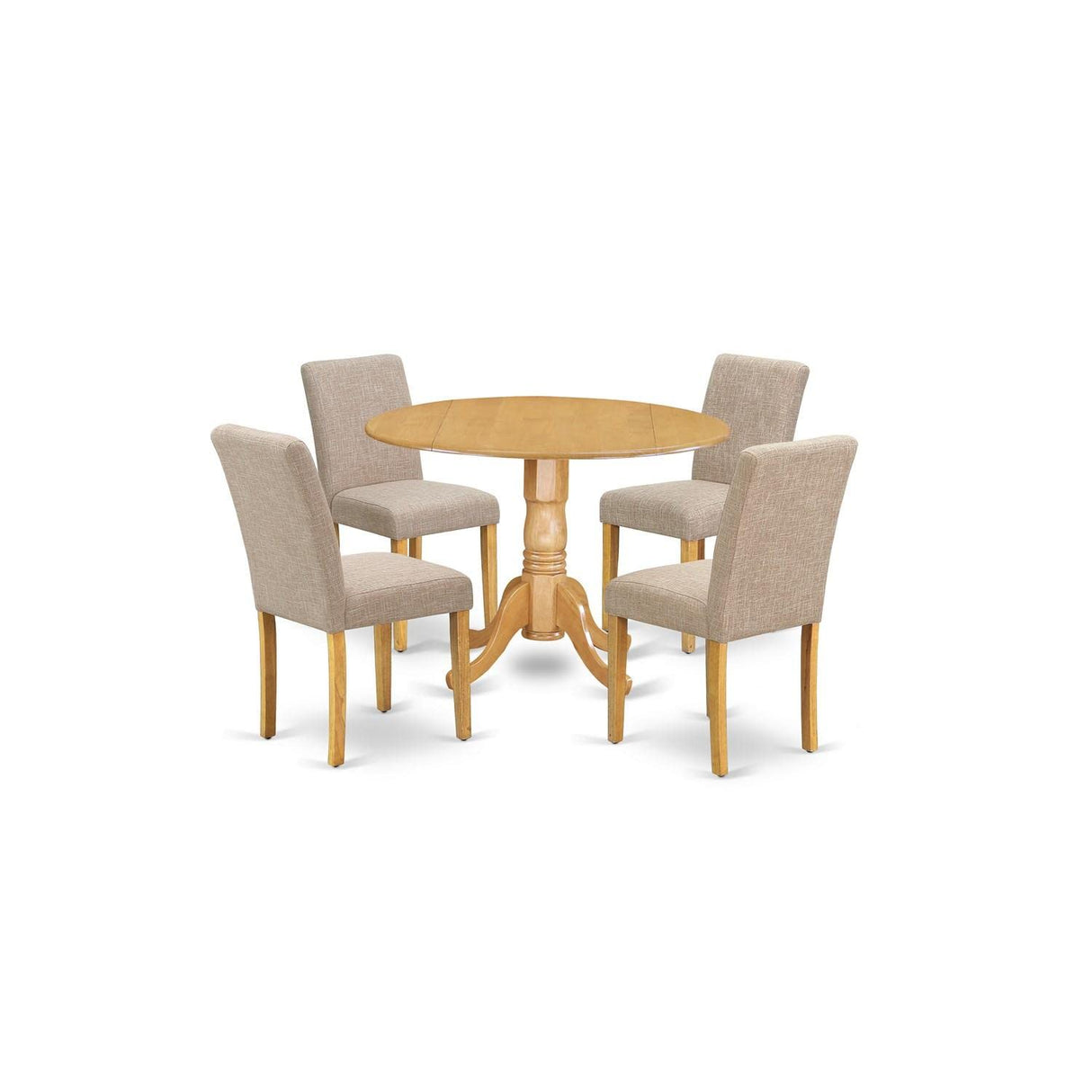 East West Furniture DLAB5-OAK-04 5 Piece Dinette Set for 4 Includes a Round Dining Room Table with Dropleaf and 4 Light Tan Linen Fabric Parsons Dining Chairs, 42x42 Inch, Oak East West Furniture