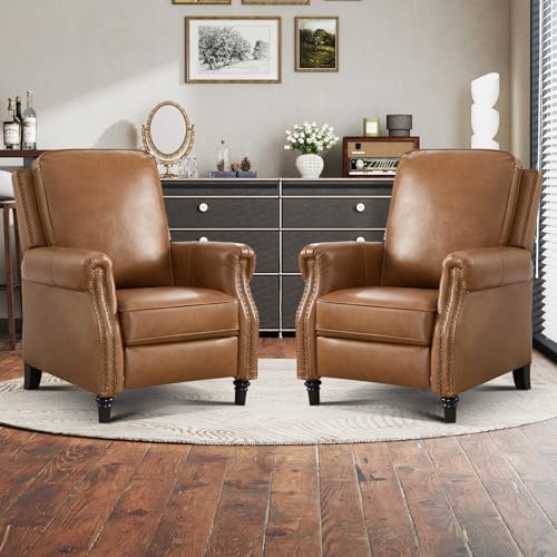 CANMOV Push Back Recliner Chair, Genuine Leather Pushback Reclining Chair with Padded Seat, Wingback Recliner with Rivet Decoration Single Sofa Recliner for Living Room Apartment, Brown