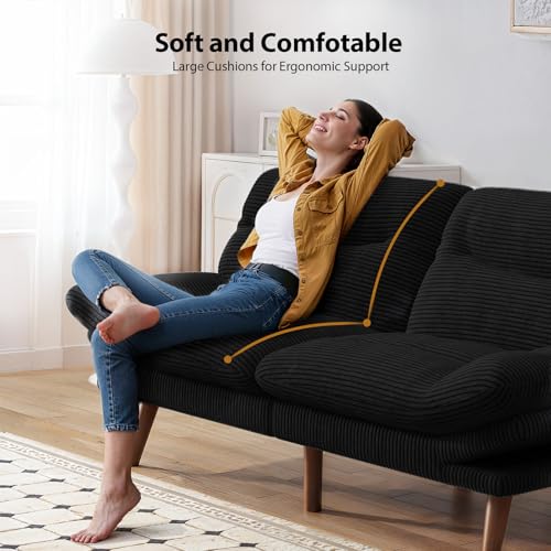 PERLECARE Convertible Futon Sofa Bed, 66" Corduroy Futon Couch with Adjustable Backrest and Armrests, 3-in-1Recliner Sleeper Sofa for Small Spaces, Play Room,Living Room or Office(66 in,Black) PERLECARE