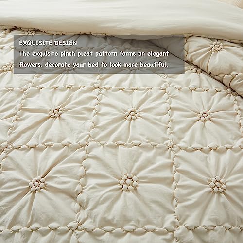BEDAZZLED King Size Comforter Sets, Beige Bedding Comforter Set, 3 Pieces Pinch Pleat Bedding Sets with Comforter and Pillowcases Soft Farmhouse Shabby Chic Comforter for All Season BEDAZZLED