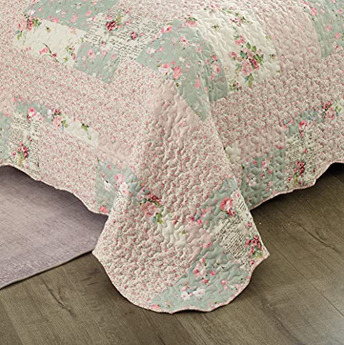 Brilliant Sunshine Rose and Sage Quilt Set, 3-Piece Bedding Sets, Traditional Patchwork Design, Washable and Reversible Bedspread, Soft Lightweight Coverlet, All-Season, Full/Queen, Light Pink Green Brilliant Sunshine