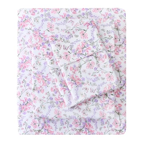 Mooreeke Cozy Vintage Microfiber Printed Queen Sheet Set - Soft Breathable Percale Cotton Floral Bed Sheets with Deep Pocket - Non-Slip Fitted Design - Pink Purple Flowers Pattern Mooreeke