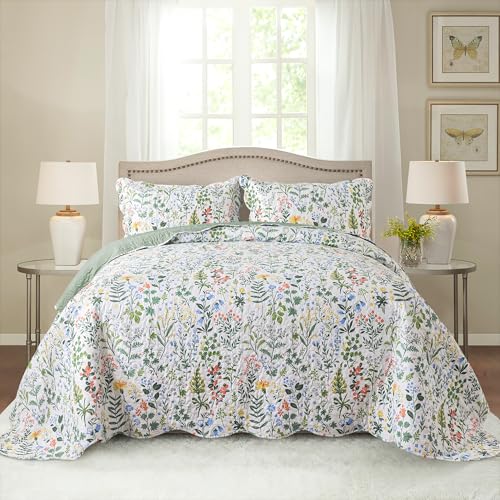 HoneiLife Floral Quilt King Size - 3 Pieces Microfiber Quilt Sets Lightweight Bedspreads Wildflower Coverlets Retro Bed Cover King Quilt Bedding Set All Season Quilts HoneiLife