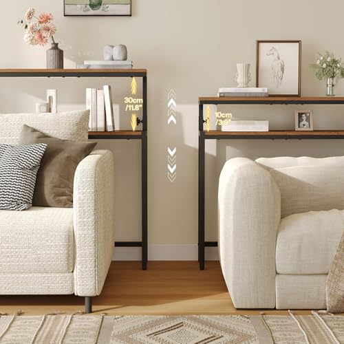 HOOBRO Narrow Console Table with Adjustable Height (31.5"-37.4"), High Entryway Table, Skinny Behind Couch Table with 2 Tier Shelf, Sofa Table for Hallway, Livingroom, Rustic Brown and Black BF96XG01 HOOBRO