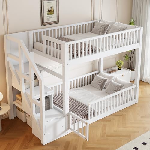 Wooden Twin over Twin Bunk Bed with Storage Stairs and Slats Support for Kids Teens, Floor Bunk Bed with Door and Full-Length Guardrails for Boys Girls, Space Saving, No Box Spring Needed, White MERITLINE