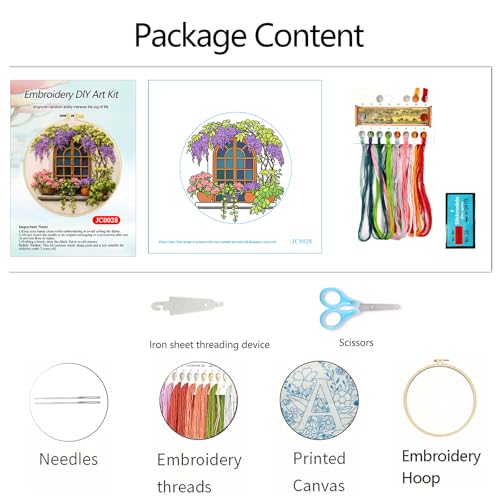 Zhenqing Wisteria by The Window Embroidery Kit for Beginners, Pre-Printed 29x29cm Cotton Fabric with 20cm Hoop, Cozy Vintage Window Design (JC0028