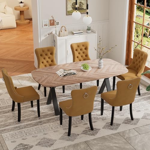 RGZ 71" Mid Century Wood Oval Dining Table Set for 6, Farmhouse Wooden Kitchen Table with 6 Yellow Velvet Tufted Dining Chairs, Oval Dinner Table Set for Apartment, Home, Dining Room RGZ