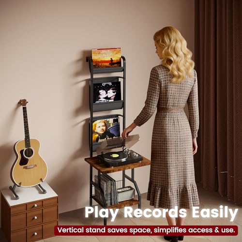 Lutown-Teen Record Player Stand with Vinyl Storage, Record Player Table Holds up to 200 Albums, 5-Tier Turntable Stand for Living Room, Rustic Brown Lutown-Teen