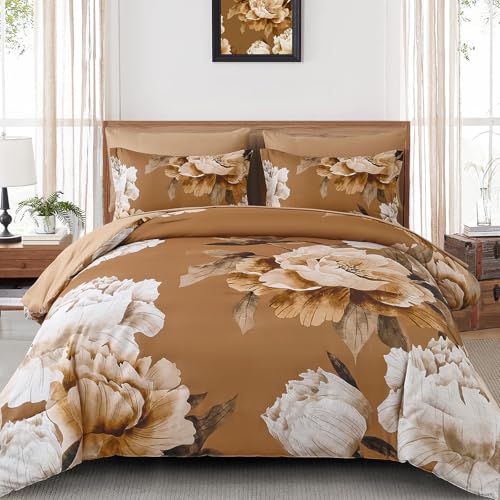Dobuyly Brown Comforter Set Queen Size 7 Piece Bed in a Bag, Floral Printed on Brown Comforter Set with Sheets, Soft Microfiber Botanical Fall Complete Bedding Set for All Season Dobuyly