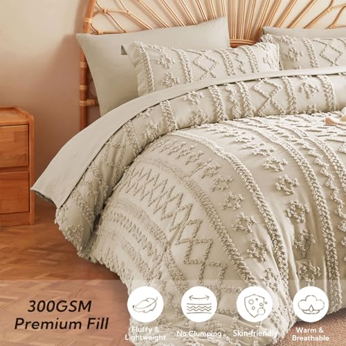 MR&HM Tufted Boho Comforter Set King Size, Linen Farmhouse Bedding Set, Bed in a Bag Set 7 Pieces with 1 Comforter, 2 Pillow Shams, 2 Pillowcases, 1 Flat Sheet, 1 Fitted Sheet for All Seasons MR&HM