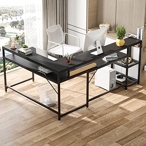 Tribesigns 69 Inch L Shaped Desk with Monitor Stand, Large Reversible Corner Desk with Storage Shelf, Industrial Computer Table Writing Desk for Home Office, Black Tribesigns