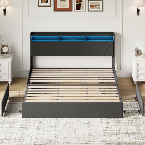 MALOL Bed Frame, King Bed Frame with Headboard & Storage Shelf, Metal Platform Bed Frame with 4 Storage Drawers, Built-in Charging Station, Led Light, Wood Bed Frame, No Box Spring Needed, Grey MALOL