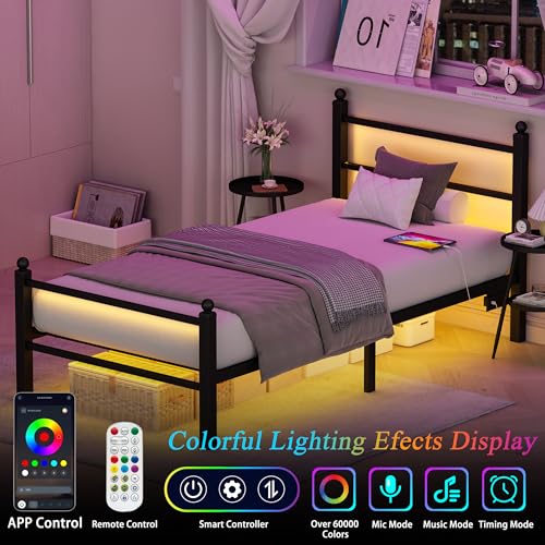 Gohapnis Twin Bed Frames with Headboard and Footboard,Black Metal Platform Bed Frame with RGB LED Lights and USB Charging Station,Under Bed Storage,No Box Spring Needed,Suitable for Bedrooms Gohapnis