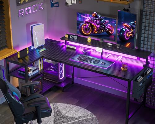 ODK 58 Inch Gaming Desk with USB Charging Ports and LED Lights, Reversible L Shaped Computer Desk with Storage Shelves & Monitor Stand, Corner Gamer Desk Table with Power Outlets, Black ODK