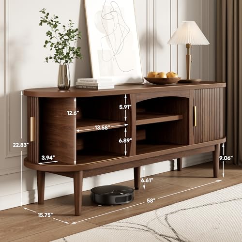 Decofy Mid Century TV Stand for TVs up to 65 Inches, Entertainment Center with Storage, Power Outlet, Fluted Sliding Doors & Adjustable Shelves, Modern Media TV Console Table for Living Room (Walnut) Decofy