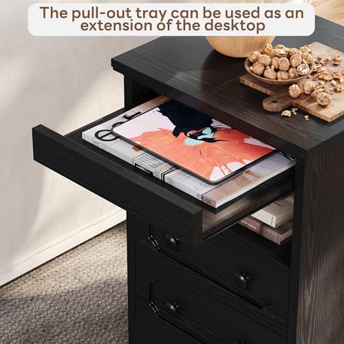 LIKIMIO Nightstand Set of 2, Night Stand with Pull Out Tray, Wooden Bedside Table with 2 Drawers and Open Shelf, Side Table for Bedroom, Black LIKIMIO