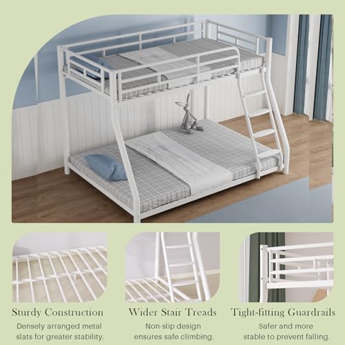 KAIFAM Metal Bunk Bed, Twin Over Full Bunk Bed with Safety Guardrail and Ladder, Bunk Beds Twin Over Full Size(White) KAIFAM