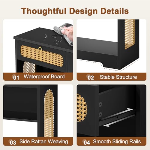 Hoctieon Rattan Console Table with 2 Drawers, 3-Tier Boho Woven Entryway Table with Back Panel and Open Storage Shelf, 40" Wood Narrow Long Sofa Tables for Hallway, Foyer, Living Room, Black Hoctieon