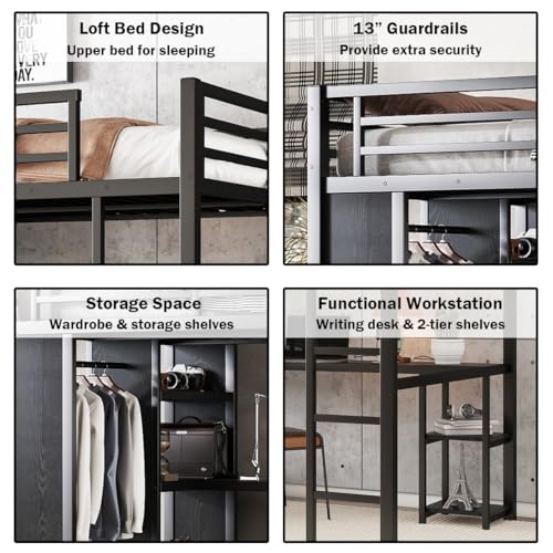 Full Size Loft Bed with Desk and Storage Shelves, Full Size Loft Bed with Wardrobe, Hanging Rod, Guardrail and Ladder, Balck Bellemave