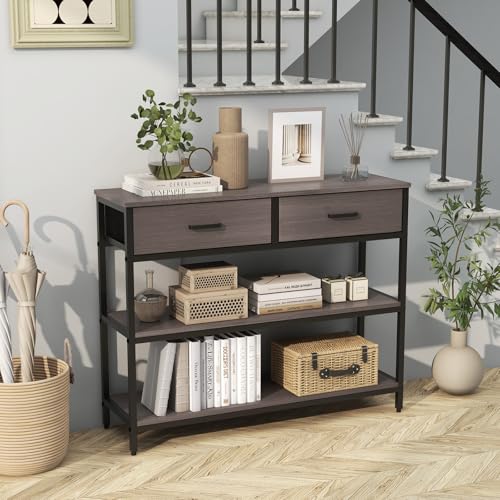 Giantex 3-Tier Entryway Table with Storage, Sofa Table w/ 2 Large Drawers, 2 Open Storage Shelves, Anti-toppling Device, Side Table w/Metal Frame, Console Table for Hallway, Living Room, Grey Oak Giantex