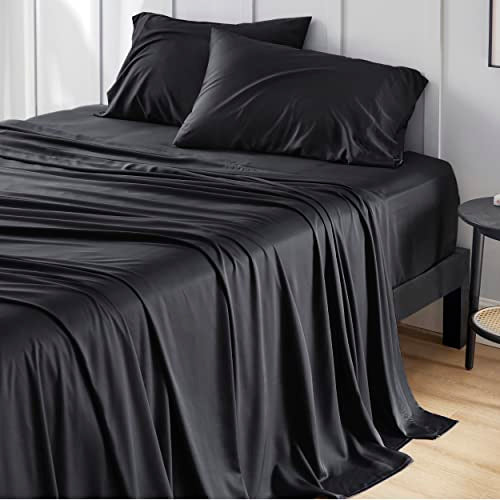 Bedsure Full Size Bed Sheets, Cooling Sheets, Rayon Derived from Bamboo, Breathable & Soft, Deep Pocket Up to 16 Inches, Hotel Luxury Silky Bedding for Hot Sleepers, Black Bedsure