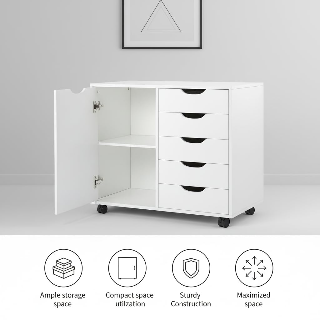 5-Drawer Dresser with 2-Shelf Cabinet, White, Smart Storage, Streamlined with Adjustable Dividers, Lockable Casters & Smooth Slides; Multi-Use Rolling Storage for Office, Craft Room, Bedroom Naomi Home