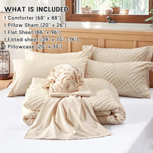 Zzlpp Twin Comforter Set 5 Pieces, Beige Tufted Bed in a Bag with Comforter, Pillow Sham, Pillowcase, Flat Sheet, Fitted Sheet - All Season Boho Bedding Sets Zzlpp