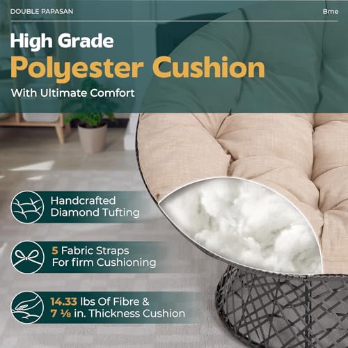 Bme 61" Beige - Black Frame Double Papasan Chair with 600lbs Capacity, Ergonomic Design, Soft Thick Fabric Cushion, High Capacity Steel Frame for Any Room Bme