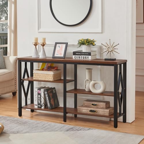 HOMBAZAAR Console Sofa Table, Rustic Entryway Table with Metal Frame and Open Shelves, Industrial Hallway Table with 3 Tier for Entry, Living Room, Foyer,Brown,47 inch HOMBAZAAR