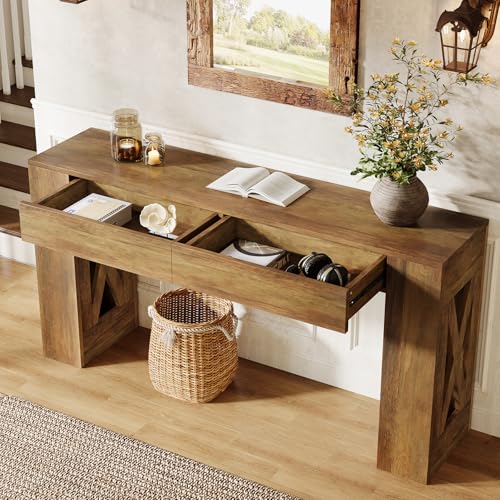Tribesigns 63-Inch Long Console Table, Farmhouse Entryway Table with 2 Drawers and X-Shaped Legs, Narrow Sofa Furniture Behind The Couch for Entrance, Hallway, Living Room, Warm Brown Tribesigns