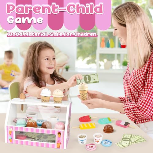 Dreamon Ice Cream Counter Playset for Kids, 38 PCS Wooden Ice Cream Set Shop for Toddlers 3-5, Toddler Pretend Play Toy, Christmas Birthday Gift for Boys and Girls Dreamon