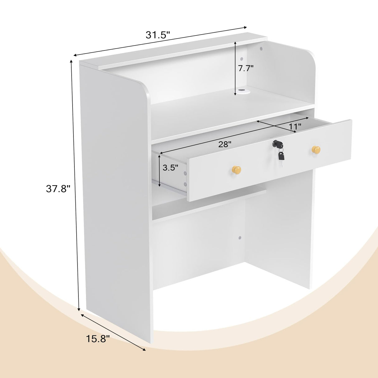 OmySalon Reception Desk with Counter, Small Front Desk w/Lockable Drawer, Wooden Modern Reception Table for Salon Lobby Office Home (White, 32) OmySalon