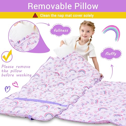 Lasoftan Toddler Nap Mat with Pillow and Blanket, Extra Large Rolled Napping Mats,Toddler Nap mats for Boys Girls, Kids Sleeping Mat for Daycare, Preschool Travel Camping, Rainbow lasoftan