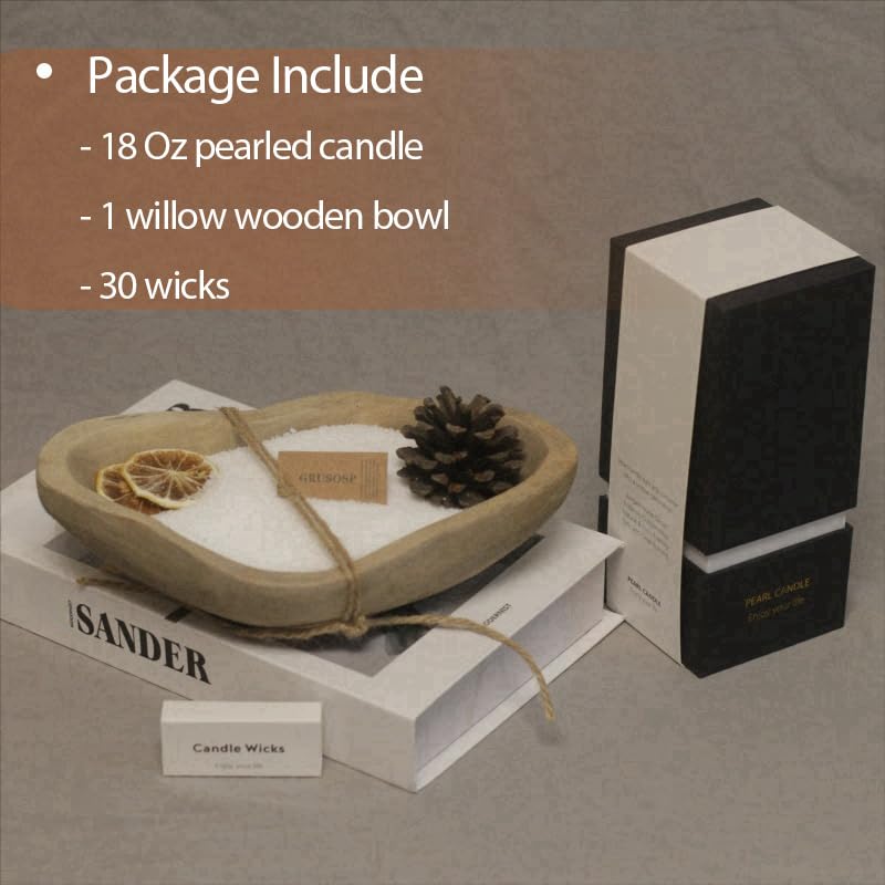 GrusoSP Reusable Wooden Dough Bowl Candle with Pearled Candle Sand 18 Oz Unscented Candle Refill Kit DIY Candle Making Kit Powder Candle with 30 Wicks (White) GrusoSP