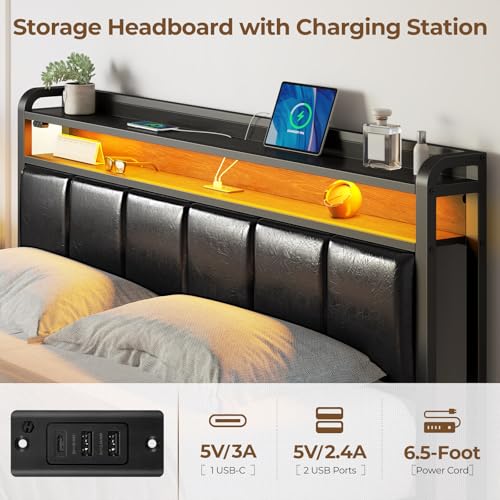 Rolanstar Bed Frame King Size with Charging Station and LED Lights, PU Leather Headboard with Storage Shelves, Heavy Duty Metal Slats, No Box Spring Need, Noise Free, Easy Assembly, Black Rolanstar