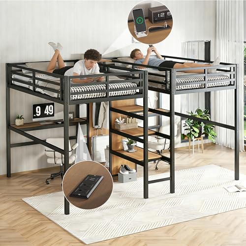 Bellemave Twin Over Twin Metal Loft Bed with Desk and Wardrobe for 2 Kids,Twin Size Heavy Duty Double Loft Bed Frame with Charging Station and Shelves for Boys,Girls,Adults,Woodgrain Bellemave