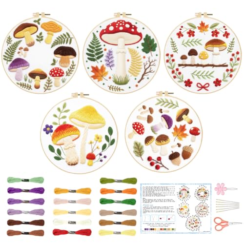 ACRNIGHEET 5PCS Embroidery Kit for Beginners Adults, Mushroom Embroidery Kit, Embroidery Starter Kit with Instructions, Including 5 Stamped Embroidery Cloth Hoops Threads, Crafts Gift Idea