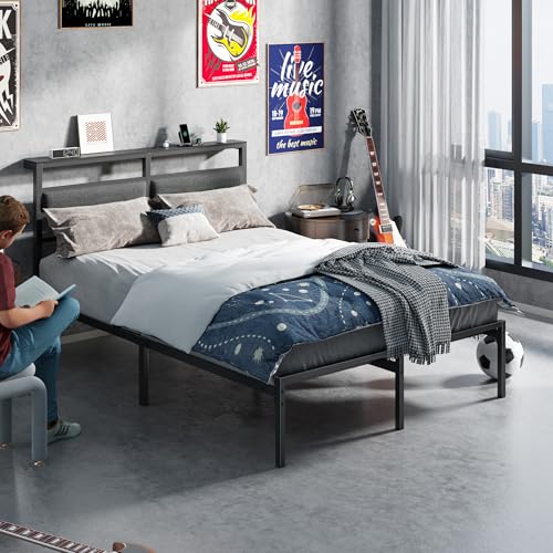 OURPIC Full Size Bed Frame with Headboard, Bed Frame Full Size with LED Light and Charging Station, Black Metal Platform Bedframe and Storage Shelf, No Box Spring Needed, Noise Free OURPIC