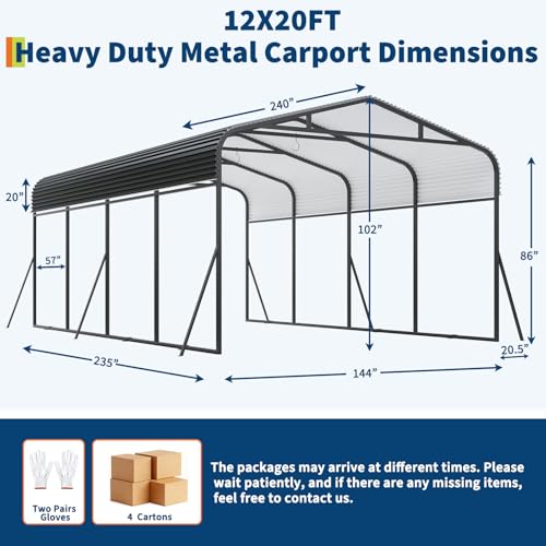 GarveeLife 12x20 FT Metal Carport, Outdoor Car Port Canopy with Reinforced Base and Galvanized Steel Roof, Heavy Duty Garage Car Shelter Shade for SUV, Truck, Boats GarveeLife