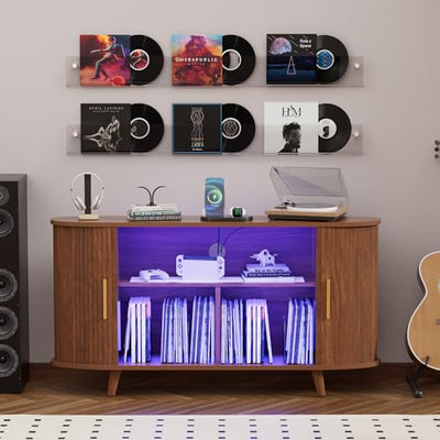 YKVIQBY Large Record Player Stand with LED Lights, Vinyl Record Storage with Charging Station & USB Ports, Record Player Cabinet for Living Room(Natural, 55in) (Walnut, 55in)