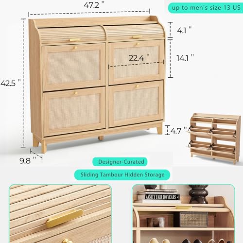 LINSY Shoe Storage Cabinet, Rattan Shoe Cabinet Wood Shoes Rack Cabinets with Sliding Tambour Door, Large Flip Drawer Shoe Cabinet Boho Hidden Shoe Storage for Entryway, Front Door, Hallway, Oak LINSY